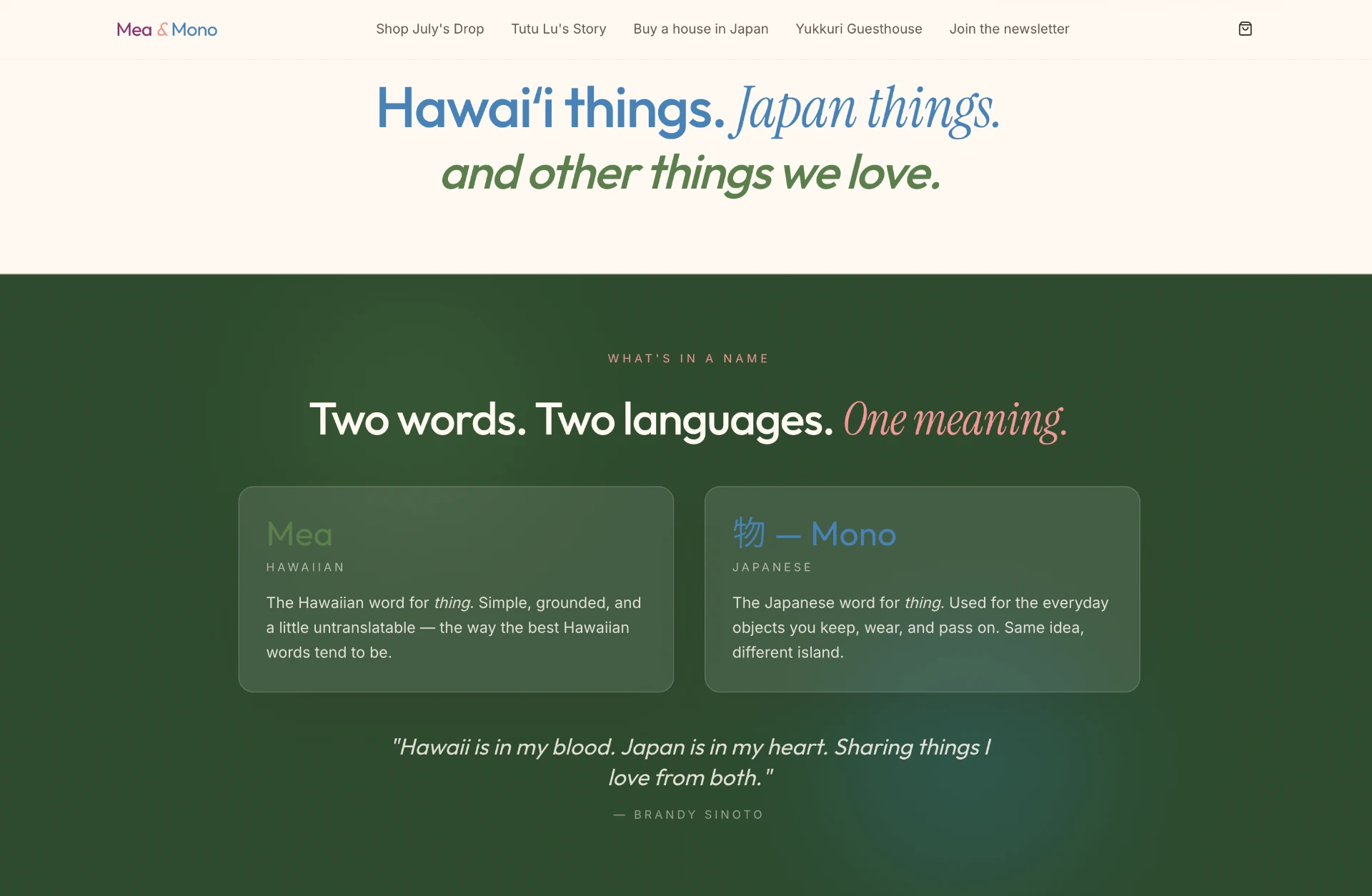 Mea & Mono — homepage in deep green